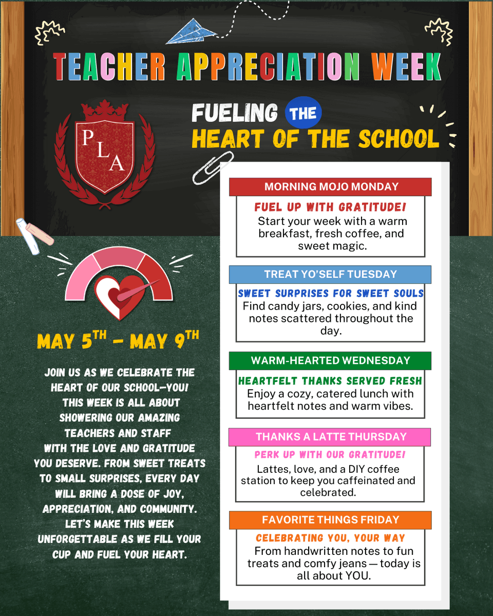 PLAVirtualK12's tweet photo. It’s not just Teacher Appreciation Week—it’s Spirit Week, too! 🎉

Each day is a chance to celebrate our amazing teachers with fun, heart-filled themes. From muffins and coffee to sweet treats and heartfelt notes, we’re turning up the love all week long. 🥰💐 https://t.co/Ml0sioetQd