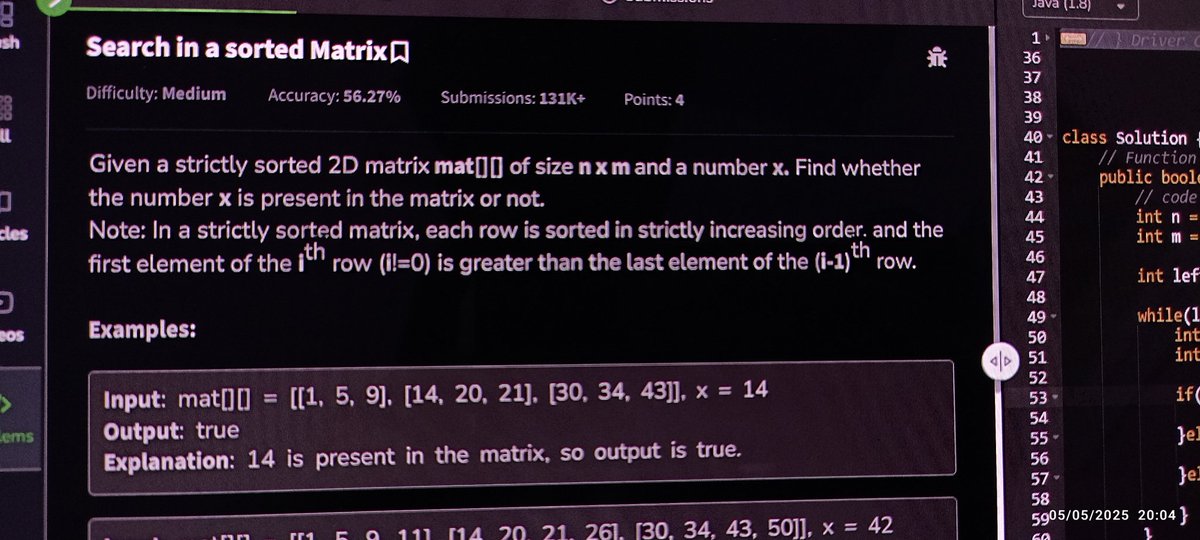 harshit_rwt's tweet image. Day-41 of problem solving with @geeksforgeeks , too much matrix sortings 😮💨 anyways a problem is meant to be solved 😄
Today's problem is "Search in a sorted matrix" more of like previous ones, 7.5/10 🐸
See you on day-42 ✨
#geekstreak2025 #gfg160 #GeekforGeeks