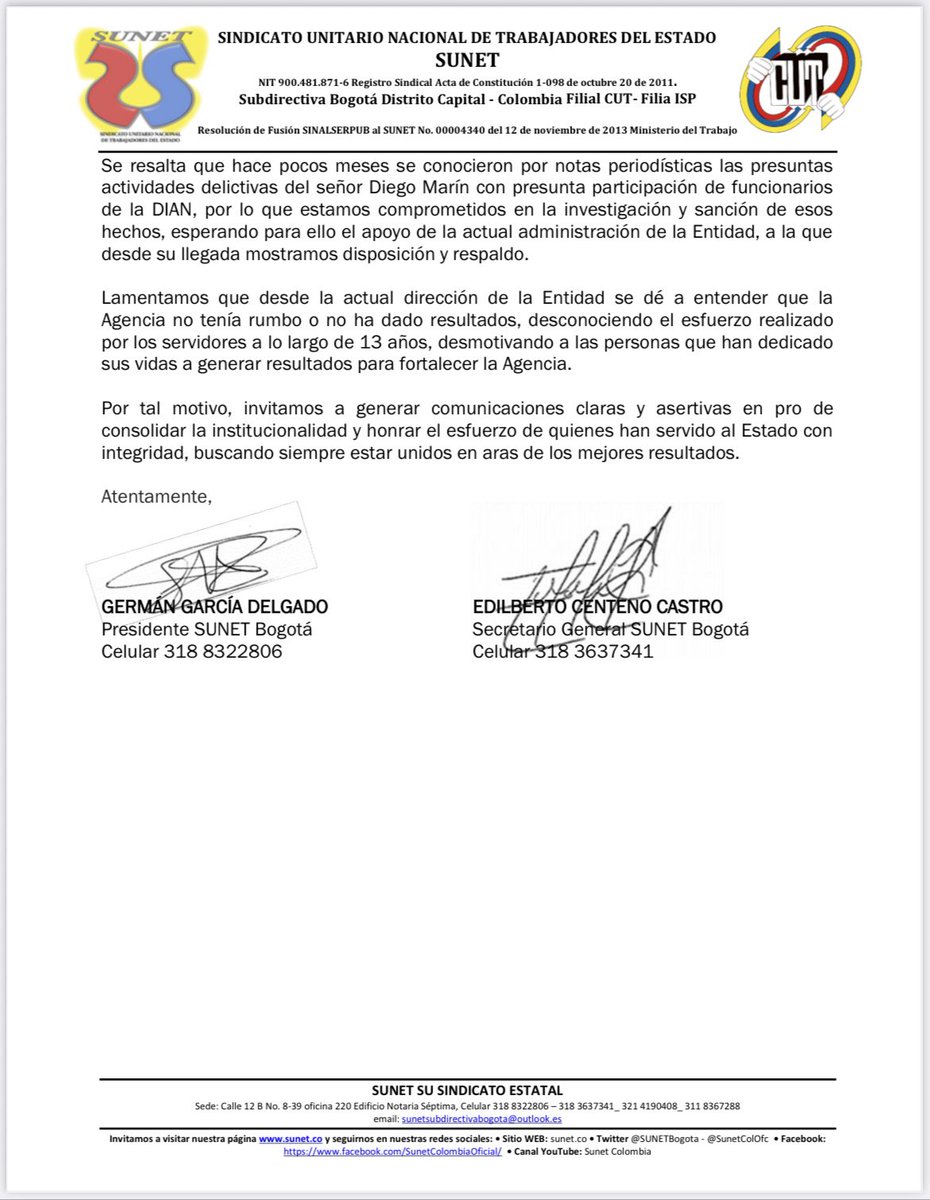 SUNETBogota's tweet photo. Rechazamos declaraciones de la Directora de @AgenciaITRC y la generalización negativa en contra del esfuerzo de los servidores vinculados por mérito.

Defendemos la entidad y como funcionarios queremos contribuir a su fortalecimiento. 

C.C. @MinHacienda https://t.co/iHMSEkGi2q