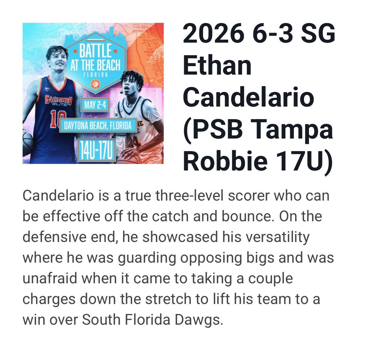 Colin Robbie (@coachcprobbie) on Twitter photo Our guy <a href="/ethancandelari7/">Ethan Candelario</a> had a big weekend at the <a href="/OntheRadarHoops/">Shun Williams</a> Battle at the Beach. Was scoring at a high level, and is a tough defender. Showcased his ability to compete against high level competition!
<a href="/PSBTampaBay/">Pro Skills Tampa</a> <a href="/PSBelite/">PSB Elite Boys</a> Our guy <a href="/ethancandelari7/">Ethan Candelario</a> had a big weekend at the <a href="/OntheRadarHoops/">Shun Williams</a> Battle at the Beach. Was scoring at a high level, and is a tough defender. Showcased his ability to compete against high level competition!
<a href="/PSBTampaBay/">Pro Skills Tampa</a> <a href="/PSBelite/">PSB Elite Boys</a>