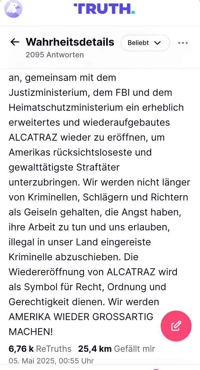 Der irre #Trump möchte das berüchtigte Gefängnis #Alcatraz wieder in Betrieb nehmen. 
Anscheinend möchte er auch Richter dorthin bringen lassen. 
Der Größenwahnsinnige schreckt vor nichts mehr zurück. 
Quelle: Truth Social 
#TrumpisaNationalDisgrace 
#USA