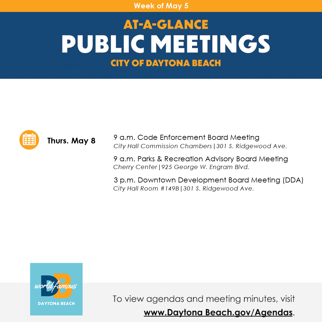 CityDaytona's tweet photo. Here are the public meetings taking place this week in Daytona Beach. For details on meetings, go to https://t.co/n8KMGcRB7x #CityDaytonaBeach #DaytonaBeach #DBAccelerate https://t.co/bAROMkj1CC