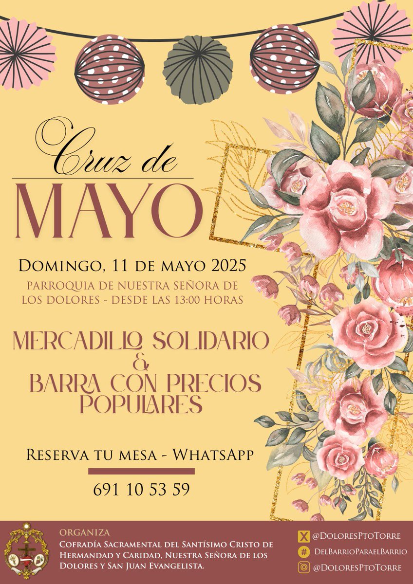 EVENTOS - Arrancamos nuestra primera semana de mayo preparando nuestro primer evento de la temporada, nuestra tradicional “Cruz de Mayo” del próximo domingo 11.

Recuerda que debes de reservar mesa al WhatsApp de la cofradía que encontrarás en el cartel anunciador.

#CofradiasMLG