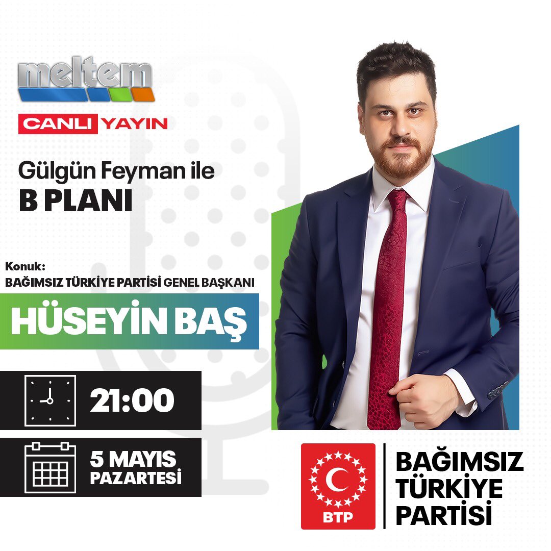 Genel Başkanımız <a href="/huseyinbas_BTP/">Hüseyin Baş</a> , bugün saat 21.00’da Meltem TV’de Gülgün Feyman’ın konuğu olacaktır