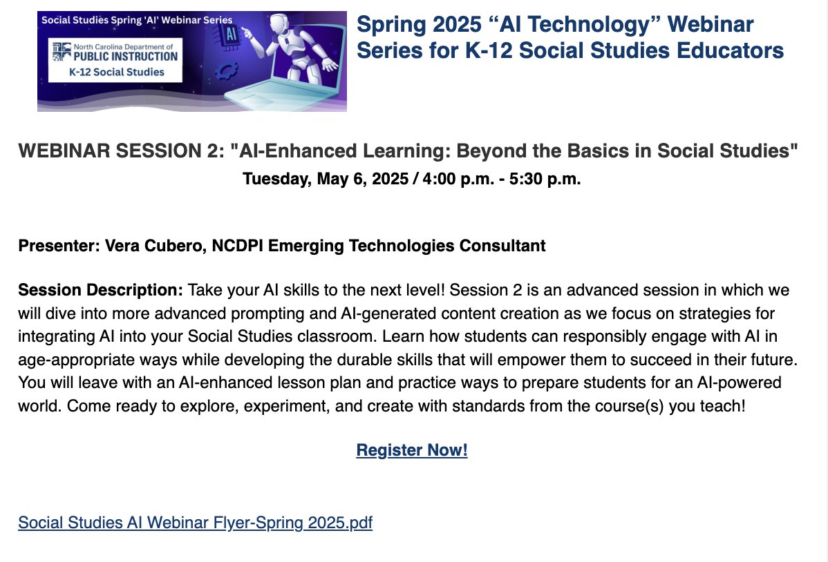 TODAY, May 6 @ 4pm don't miss the the webinar AI-Enhanced Learning: Beyond the Basics in SS. You'll learn how students can responsibly engage with AI in, get a lesson plan, and practice ways to prepare students for an AI-powered world.

Register Now!:  content.govdelivery.com/accounts/NCSBE…
