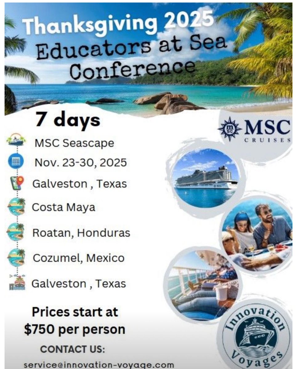 Innovation-Voyage (@voyage2innovate) on Twitter photo Kicking off Teacher Appreciation Wk! Educators at Sea Conference is setting sail Thanksgiving Wk Nov 23ā30, 2025! Request your no-obligation quote today: service@innovation-voyage.com with:Your preferred cabin type, Number of adults, any children (kids sail at a discounted rate Kicking off Teacher Appreciation Wk! Educators at Sea Conference is setting sail Thanksgiving Wk Nov 23ā30, 2025! Request your no-obligation quote today: service@innovation-voyage.com with:Your preferred cabin type, Number of adults, any children (kids sail at a discounted rate