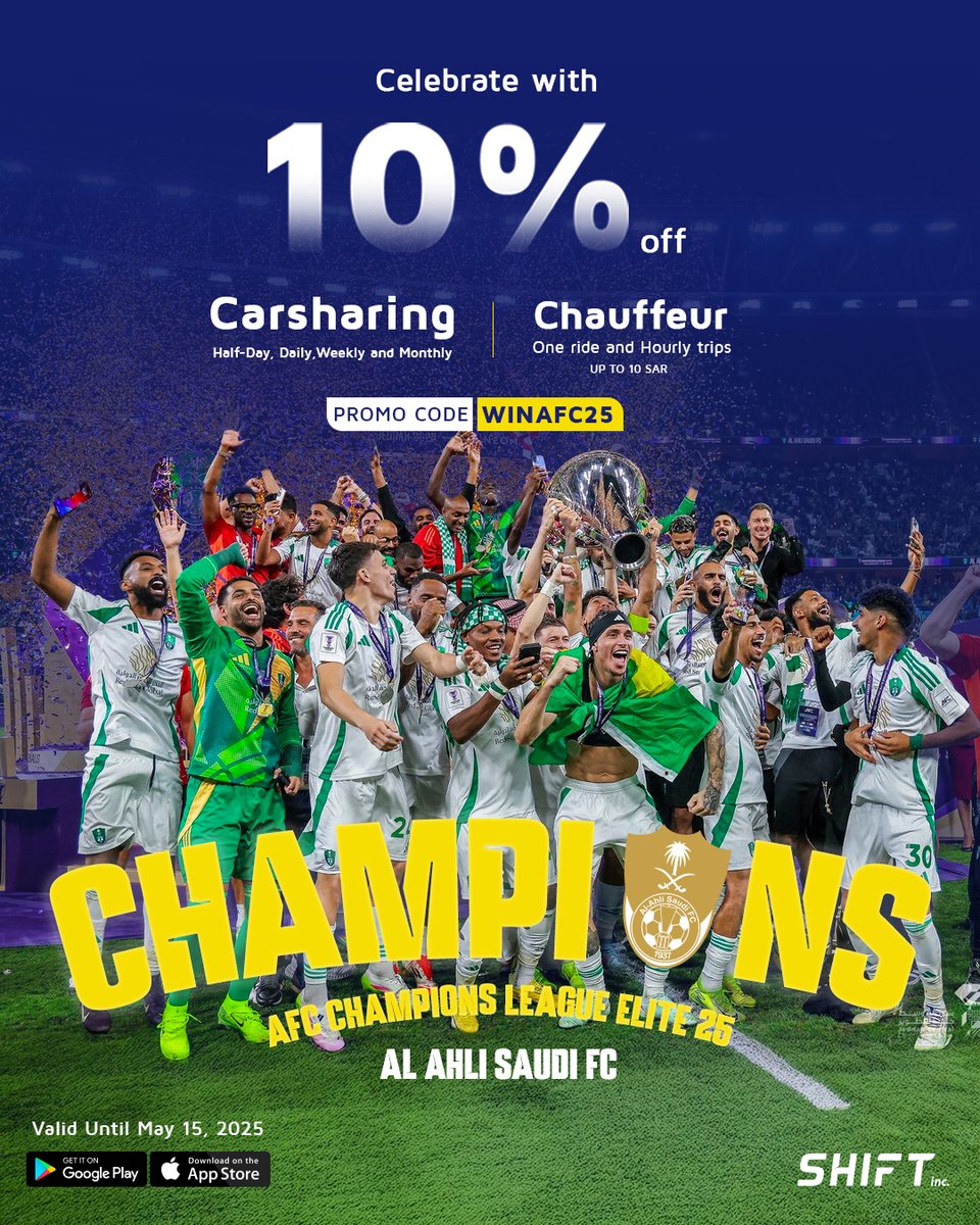 الأبطال في الملعب والكسبانين على الطريق
استخدم كود WINAFC25 واستمتع بخصم 10٪ على الشوفير والتأجير الإلكتروني حتى 15 مايو.
Champions on the field, winners on the road
Use code WINAFC25 to get 10% OFF Carsharing&amp;Chauffeur until May 15