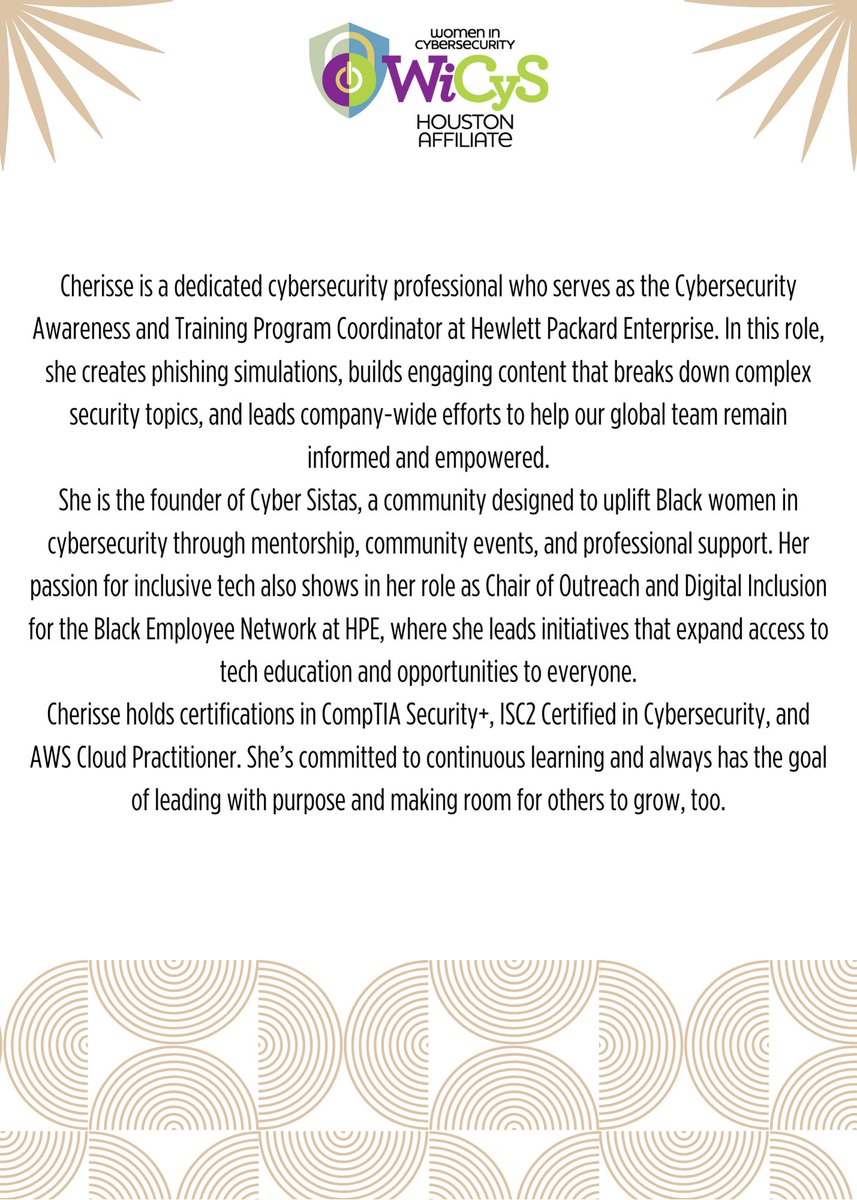 📢 ATTENTION X 📢
We are excited that Cherisse has accepted to join us as the Events Manager to continue to foster inclusivity within the spaces we create around town! #wicyshouston #cybersecurity #levelup