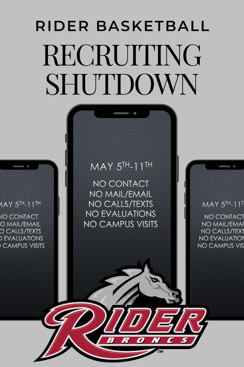 🚨Recruiting Shutdown🚨

🚫 No calls, texts, emails (with recruits, coaches, or families of recruits) 
🚫 No visits of any kind 
🚫 No social media interactions 

We are looking forward to talking again on the 12th!!