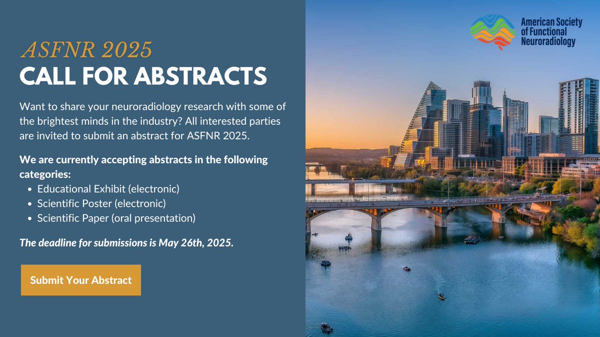 They say the best things in life are worth waiting for...so we're giving you 3 more weeks to submit your abstract for ASFNR 🎉 Don't miss this chance to present your #neurorad research in Austin this fall!

Submit here: forms.gle/i8EAcMhLgS4gFr…