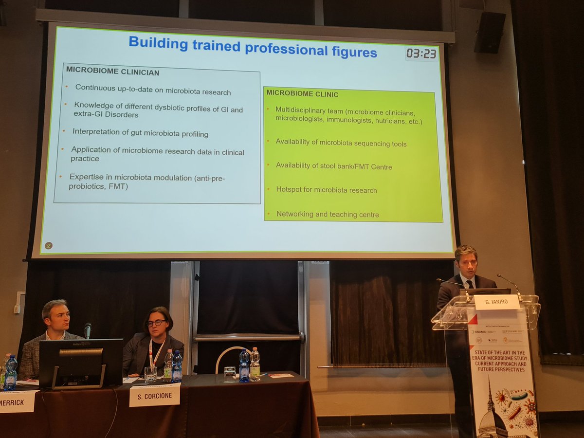 Inspiring talk by <a href="/gianluca1aniro/">Gianluca Ianiro</a> on FMT and microbiome-based therapies at the #ESGHAMI <a href="/ESCMID/">ESCMID</a> educational course. The future lies in training clinicians in microbiome science and setting rational expectations and applications for microbiome-based therapies. #microbiomeclinician