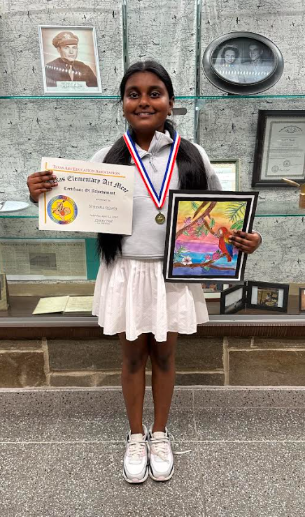 Congratulations to Shayana Gouda!
She received an Exemplary rating for the 2024-2025 Texas Elementary Art Meet Competition! Shayana proudly displayed her painting,"The Colorful Parrot in the Jungle" and was awarded a certificate and medal for her Exemplary efforts!