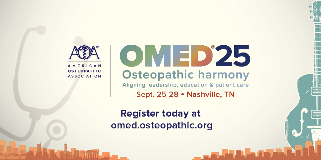 The world’s largest osteopathic medical conference is back,
Sept. 25-28! Registration for #OMED25 is now open. Giddy up to Nashville and earn up to 60 CME credits in-person. AOA members can save $300 when they register and book their hotel by July 31! 
bit.ly/4iM0zss