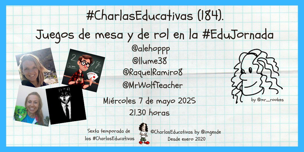 Ingrid Mosquera (@imgende) on Twitter photo 🤩 Ya programada la charla de este miércoles en la que hablaremos de juegos de mesa y juegos de rol.
youtube.com/live/ePcGjBjuW…
Contaremos con cuatro grandes, <a href="/alehoppp/">Alejandra Fernández 🤩</a>, <a href="/MrWolfTeacher/">Óscar "Mr Wolf Teacher" Recio Coll</a>, <a href="/llume38/">Luis de Mena</a> y <a href="/RaquelRamiro8/">Rakel Ramiro</a>.
¡Os esperamos en el chat en directo de vuestras #CharlasEducativas! 🥰 🤩 Ya programada la charla de este miércoles en la que hablaremos de juegos de mesa y juegos de rol.
youtube.com/live/ePcGjBjuW…
Contaremos con cuatro grandes, <a href="/alehoppp/">Alejandra Fernández 🤩</a>, <a href="/MrWolfTeacher/">Óscar "Mr Wolf Teacher" Recio Coll</a>, <a href="/llume38/">Luis de Mena</a> y <a href="/RaquelRamiro8/">Rakel Ramiro</a>.
¡Os esperamos en el chat en directo de vuestras #CharlasEducativas! 🥰
