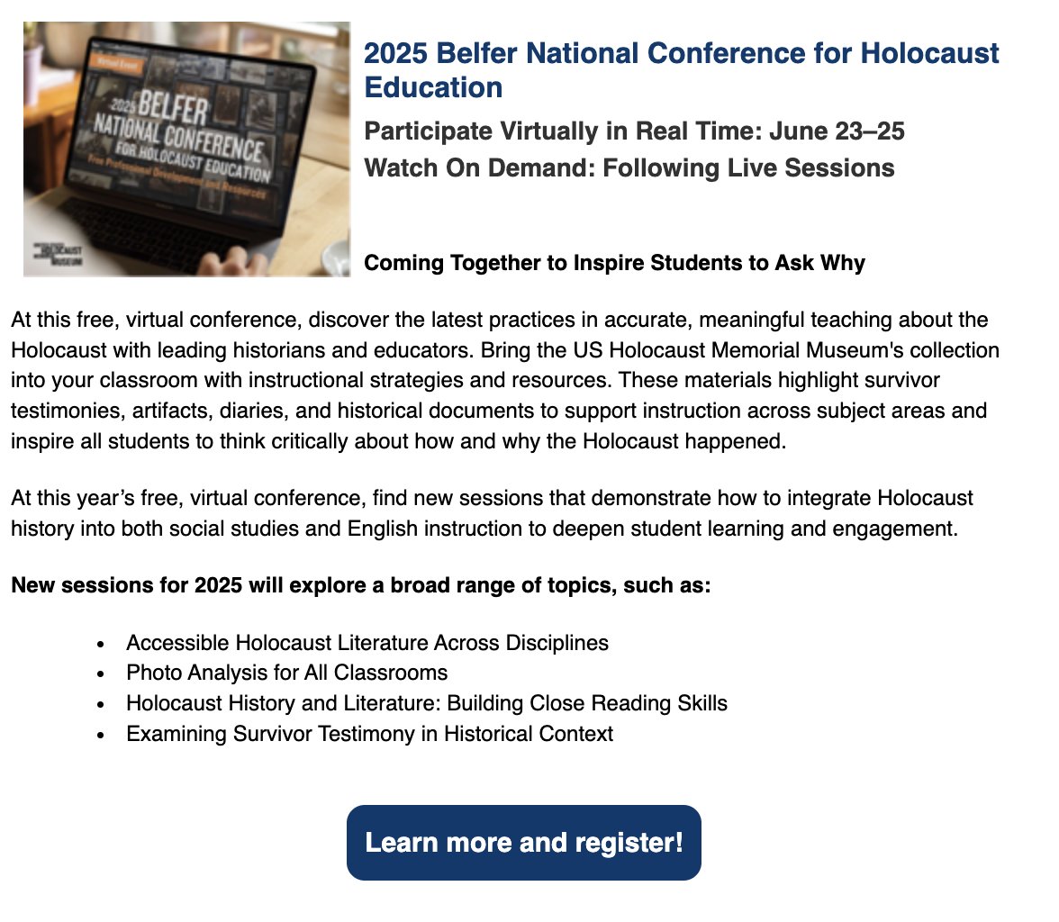 Register for the Belfar Conference for Holocaust Education (June 23-25). This free, virtual event will include survivor testimonies, instructional strategies and resources, and ways integrate Holocaust history into both SS and ELA instruction. Learn more: content.govdelivery.com/accounts/NCSBE…