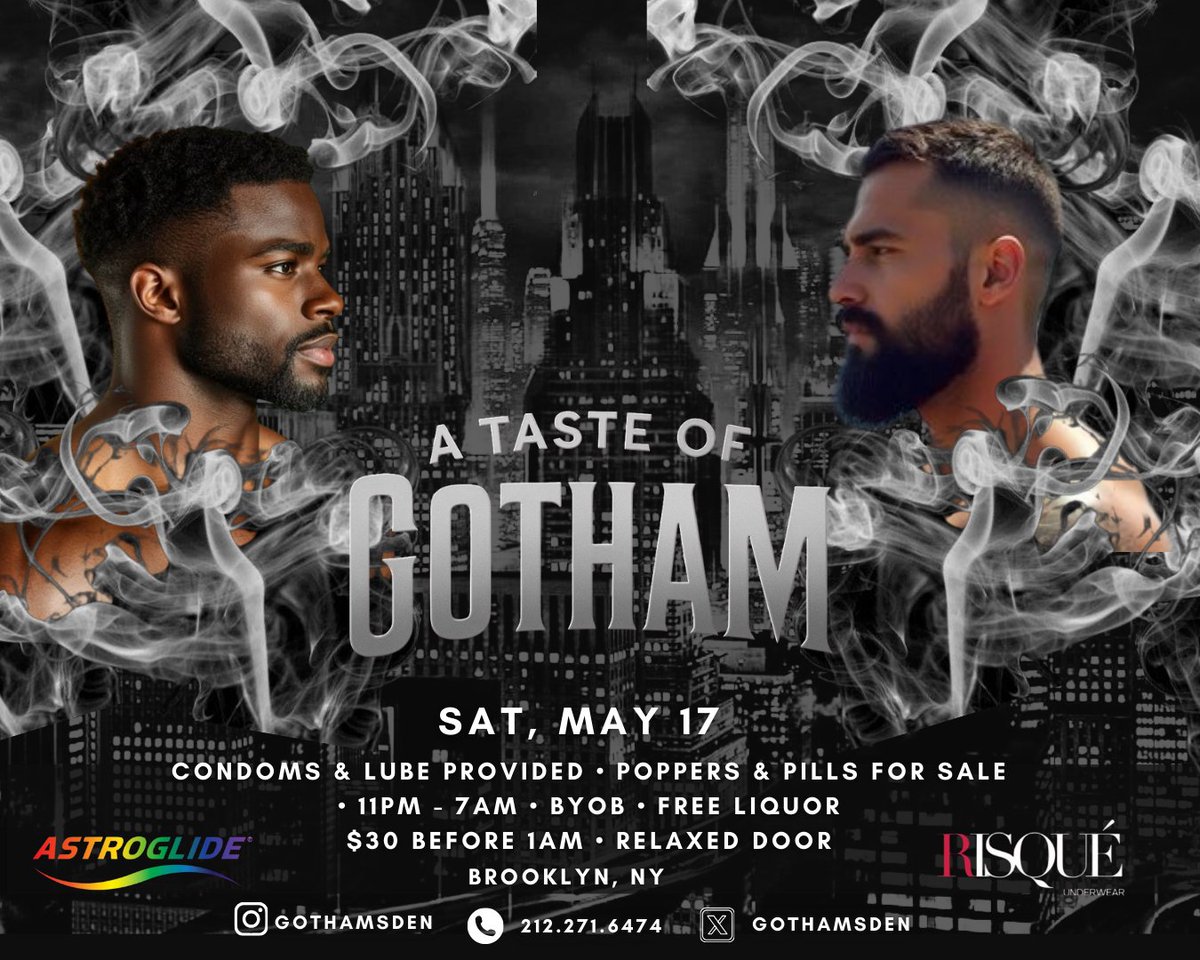 GothamsDen's tweet photo. A TASTE OF GOTHAM

An Exclusive Glimpse Into the Den

We’re cracking the door open.

A Taste of Gotham is your rare chance to step into the world of Gotham’s Den—without the list! This is an open invitation to the curious 👀 

This is not the full Den experience It’s a taste 👅 

Inclusive. Relaxed Door. No Gatekeeping. Just Gotham.

RSVP: https://t.co/iO2BFqZMdg

#ATasteofGotham #InclusiveParty #OneNightOnly #Brooklyn