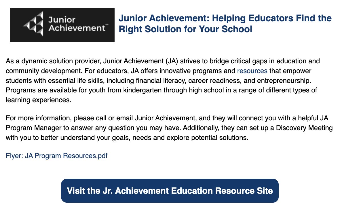 Junior Achievement offers innovative programs that empower K-12 students with life skills in financial literacy, career readiness, and entrepreneurship. Contact JA to learn more and set up a Discovery Meeting to explore solutions for your classroom. 

content.govdelivery.com/accounts/NCSBE…
