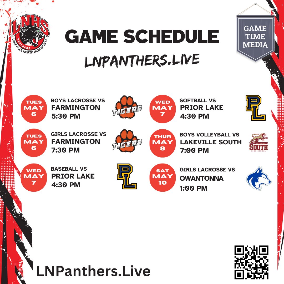 Panther Nation, gear up for a busy week! 🔴⚫
Catch LN in action 5/6–5/10: lacrosse, softball, baseball &amp; boys volleyball!
📺 LNPanthers.Live

#LakevilleNorth #PantherPride #MNHighSchoolSports