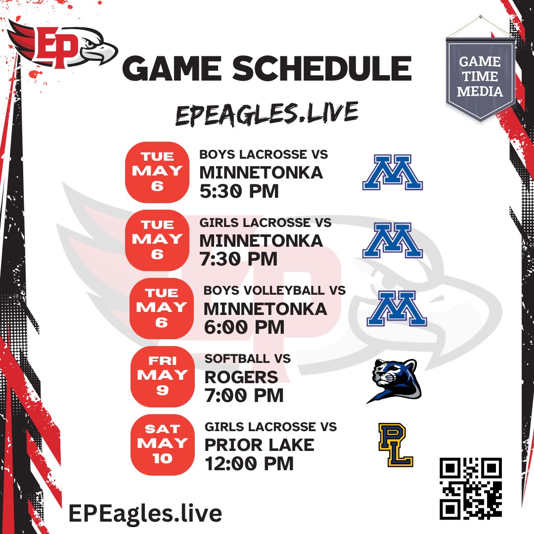 Packed week for the Eden Prairie Eagles! 🦅
Lacrosse, volleyball, and softball action ahead!
📺 EPEagles.Live

#EdenPrairieEagles #EaglesSoar #MNHighSchoolSports
