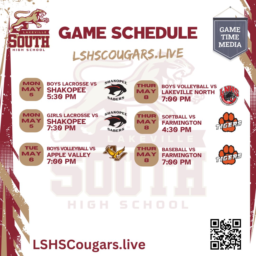 Exciting matchups ahead for Lakeville South this week! 🐾
Lacrosse, volleyball, baseball, &amp; softball 5/5–5/8.
Watch live: LSHSCougars.Live

#LakevilleSouth #MNHighSchoolSports