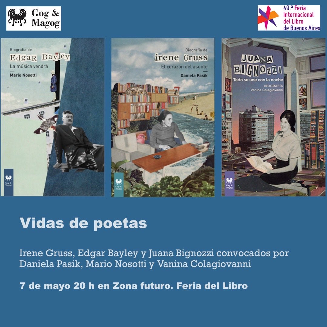 Con <a href="/vancolagiovanni/">vanina colagiovanni</a>⁩ y Nosotti haremos Vidas de poetas, charla en donde, ojalá, hablemos con Gruss, Bignozzi y Bayley (además de sobre ellas/os). Cerramos la ⁦@ferialibro⁩ con vino y masitas. En ⁦<a href="/zona_futuro/">Zona Futuro</a>⁩, Pabellón Amarillo: área tranca, el lío lo armamos nos