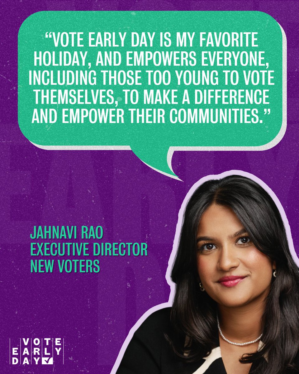 Vote Early Day (@voteearlyday) on Twitter photo 📈 #VoteEarlyDay 2024 was our largest and most meaningful celebration to date, all because of partners like you.
Jahnavi Rao, Executive Director of New Voters, shares why Vote Early Day is her favorite holiday!
<a href="/newvotersorg/">New Voters</a>
#CivicHoliday #VoteEarly #Democracy #ByTheNumbers 📈 #VoteEarlyDay 2024 was our largest and most meaningful celebration to date, all because of partners like you.
Jahnavi Rao, Executive Director of New Voters, shares why Vote Early Day is her favorite holiday!
<a href="/newvotersorg/">New Voters</a>
#CivicHoliday #VoteEarly #Democracy #ByTheNumbers