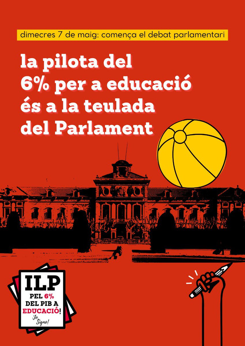 ✏️Vas ser de les més de 50.000 persones que vam signar la ILP per garantir el 6% del PIB en inversió educativa?

✏️Dimecres comença el debat al Parlament amb la presentació del text al qual ja s'han adherit més de 150 consells escolars i 50 ajuntaments!