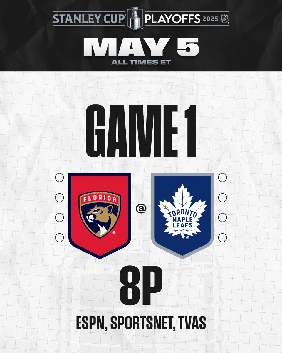 NHL (@nhl) on Twitter photo SECOND ROUND ✌️
This will be the second time the <a href="/FlaPanthers/">x - Florida Panthers</a> and <a href="/MapleLeafs/">Toronto Maple Leafs</a> meet in #StanleyCup Playoffs history, following their 2023 Second Round matchup.
📺: Game 1 TONIGHT at 8p ET on <a href="/espn/">ESPN</a>, <a href="/Sportsnet/">Sportsnet</a>, and <a href="/TVASports/">TVA Sports</a> SECOND ROUND ✌️
This will be the second time the <a href="/FlaPanthers/">x - Florida Panthers</a> and <a href="/MapleLeafs/">Toronto Maple Leafs</a> meet in #StanleyCup Playoffs history, following their 2023 Second Round matchup.
📺: Game 1 TONIGHT at 8p ET on <a href="/espn/">ESPN</a>, <a href="/Sportsnet/">Sportsnet</a>, and <a href="/TVASports/">TVA Sports</a>