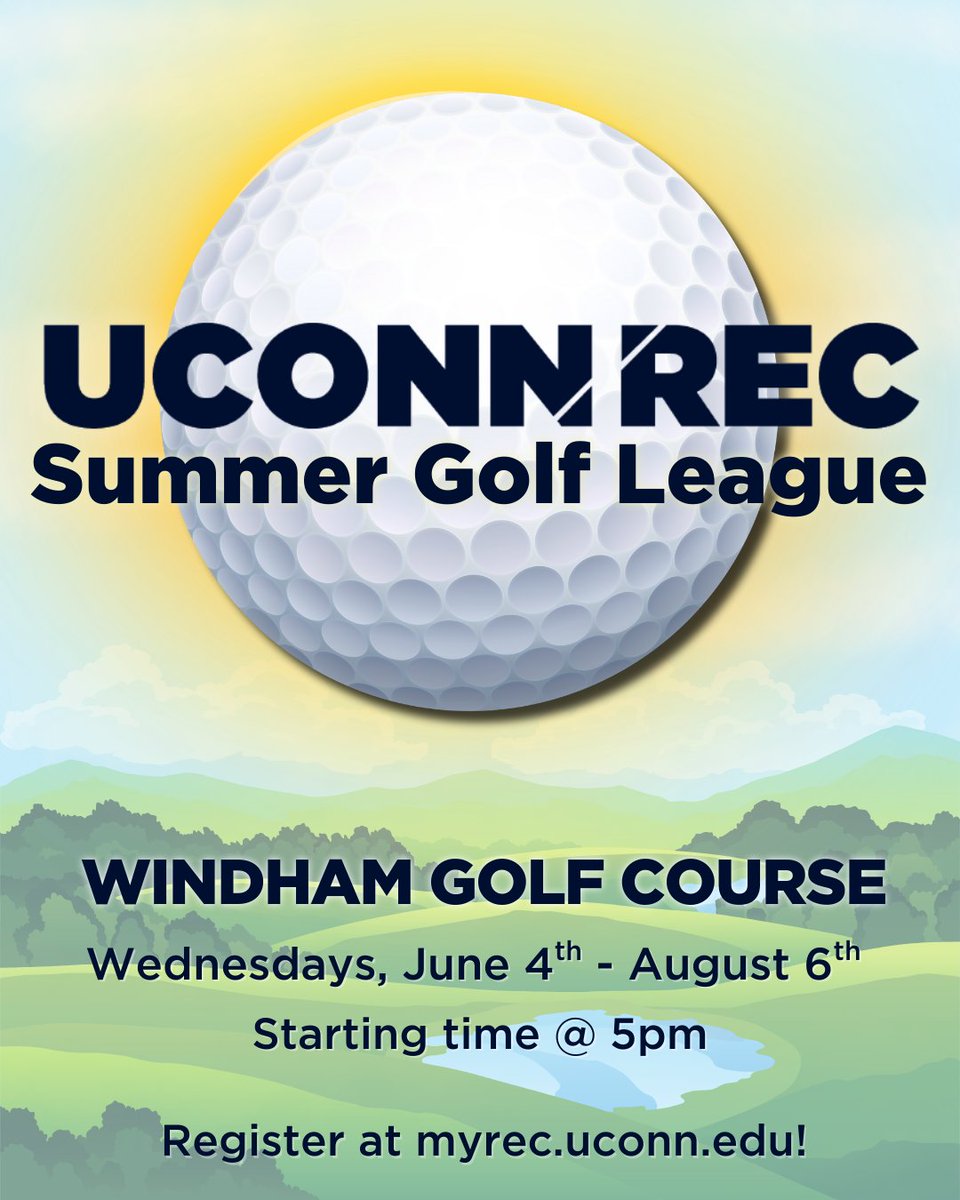 🏌️‍♂️🌞 Tee it up this summer with our first UConn Rec Golf League! 

📍 Windham Golf Course
🗓 Wednesdays, June 4-August 6
⏰ 5PM

🔗 Register now at myrec.uconn.edu. #UConnRec #GolfLeague