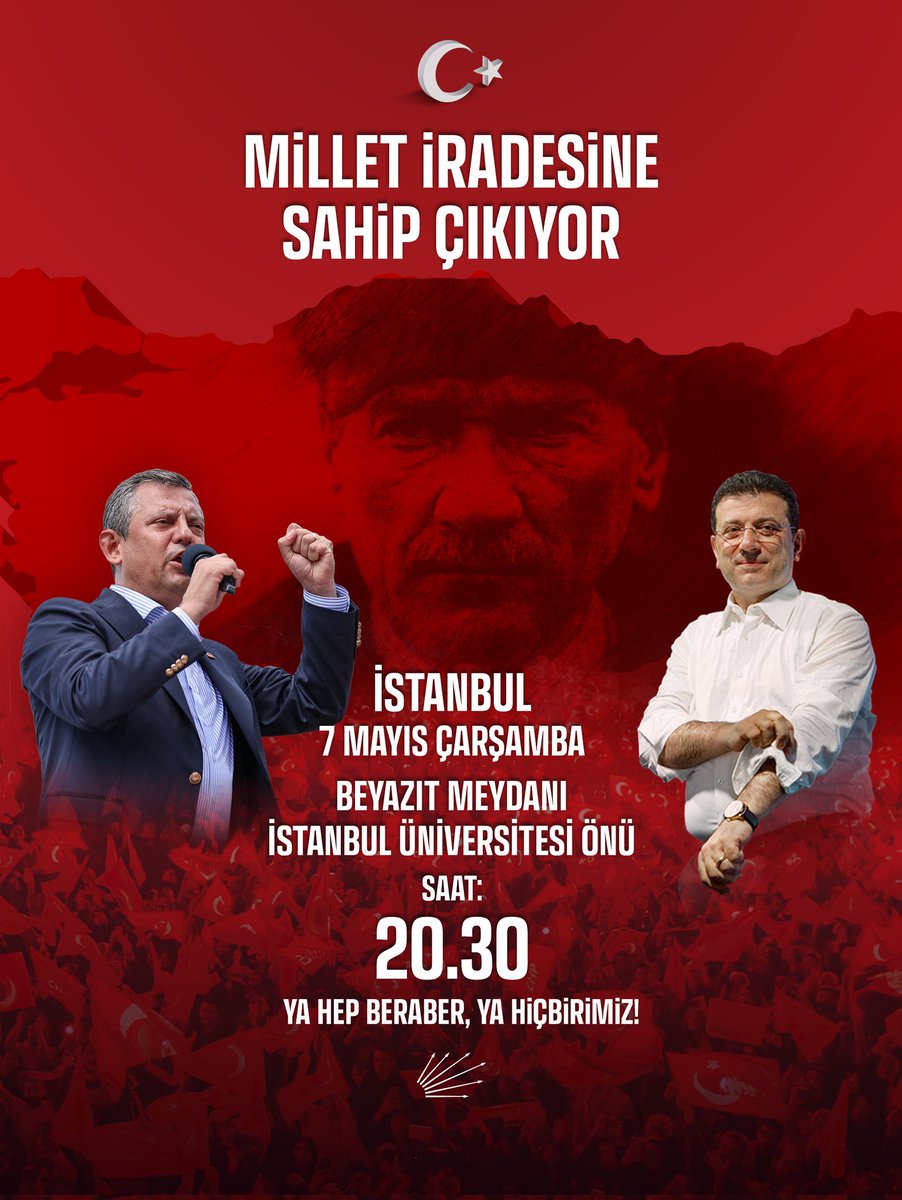 Bir adım bile geri atmayacağız! 

Milletimizin helal oylarına ve iradesine sahip çıkmak için çarşamba günü Beyazıt Meydanı’ndayız!

🗓️7 Mayıs Çarşamba  
⏰20.30
📍Beyazıt Meydanı İstanbul Üniversitesi Önü