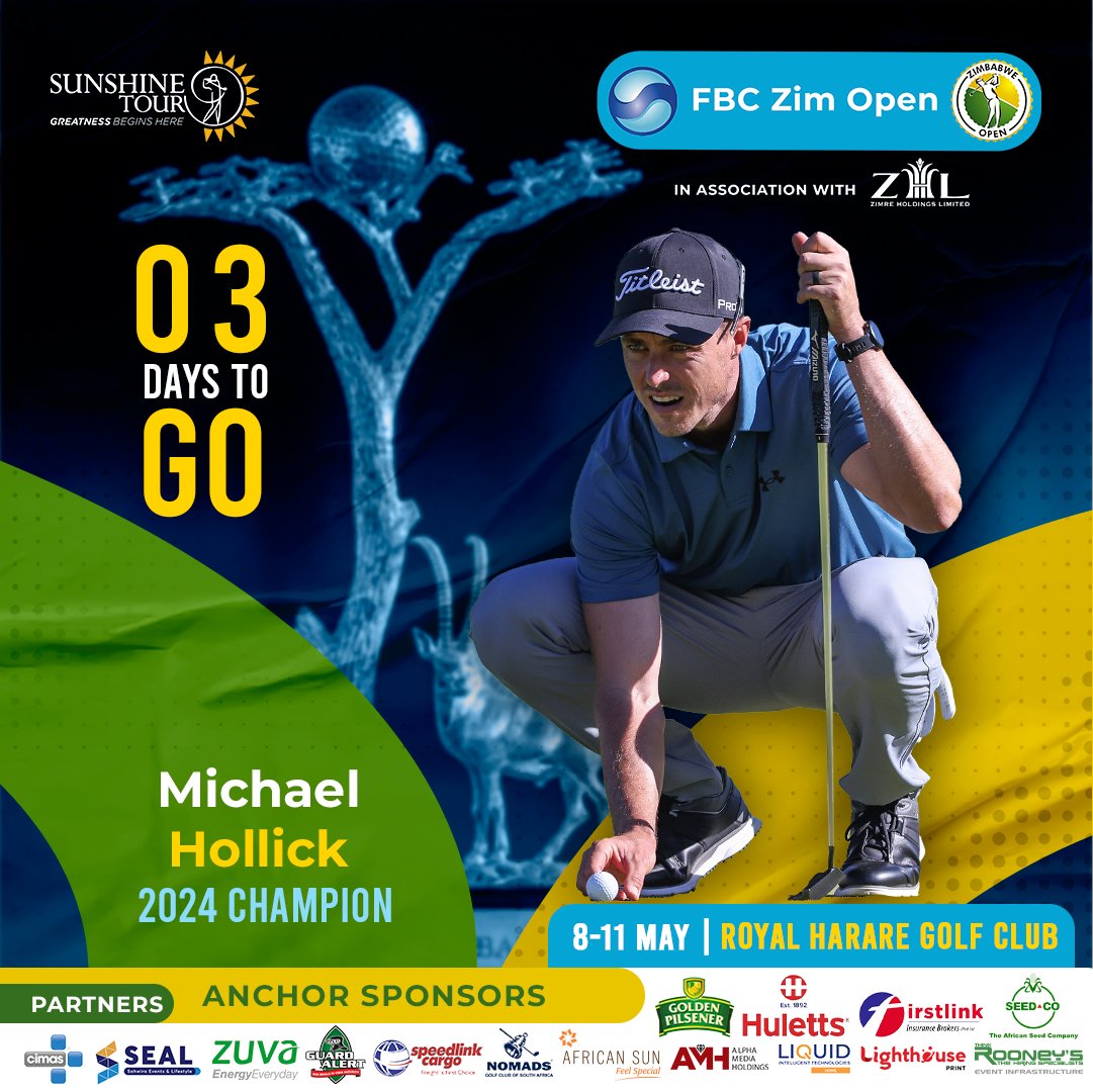 3 DAYS TO GO! 
 
 No matter how good you get, you can always get better — and that’s the exciting part. - Tiger Woods

FLASHBACK:

2024 - Zim Open Winner: Michael Hollick
Score: - 20, Won By Stk: 2
Runner-Up: Darren Fichardt
 
 #zimopen25 #royalharare #fbc #zhl #SwingforWellness