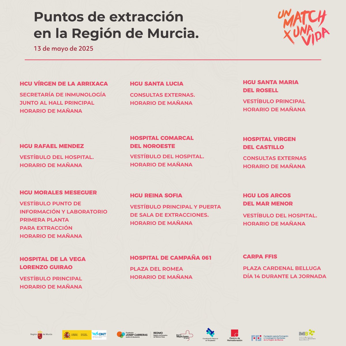 ❤️‍🩹¡Doble cita solidaria para la semana que viene!

👐El 13 de mayo puedes hacerte donante de médula ósea con motivo del Día del Donante de Órganos y el 14, salva vidas donando sangre

📍 Sala de Simulación 2, Pabellón 2
🕘 De 9:30 a 14:00

✅ <a href="/Murciasalud/">Murciasalud</a> <a href="/DonarSangreMU/">🩸CENTRO REGIONAL DE HEMODONACIÓN 🅰️🅱️🅾️🆎</a>