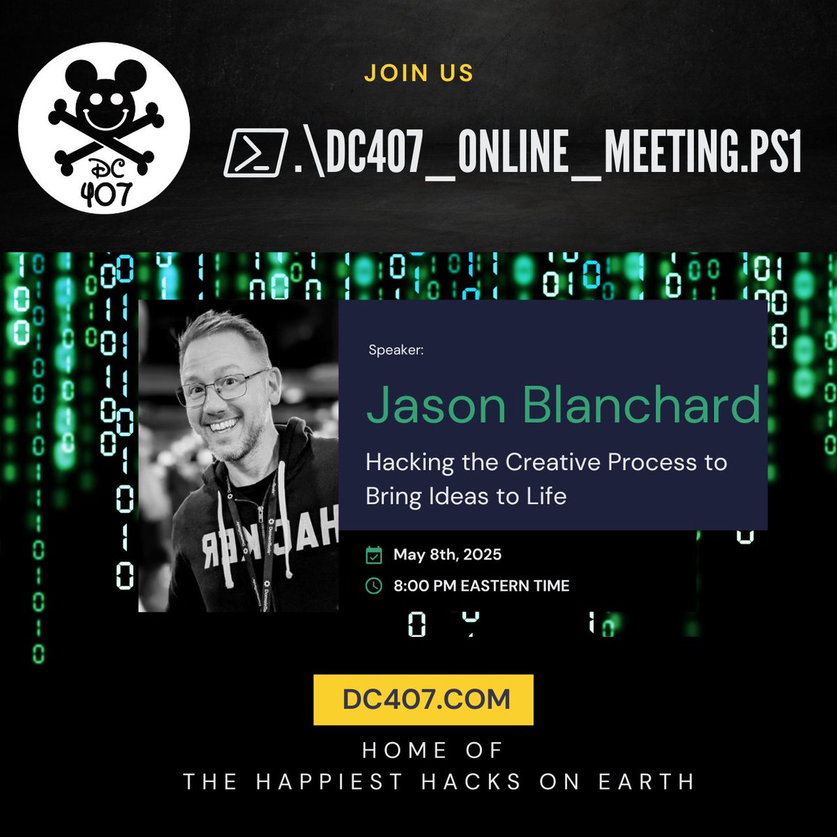 dcg407's tweet photo. This Thursday, May 8th at 8pm, @BanjoCrashland is giving a talk on Hacking the Creative Process to Bring Ideas to Life. 
Join us, RSVP at 
https://t.co/A53X7GdooL https://t.co/kkqBvmENmR