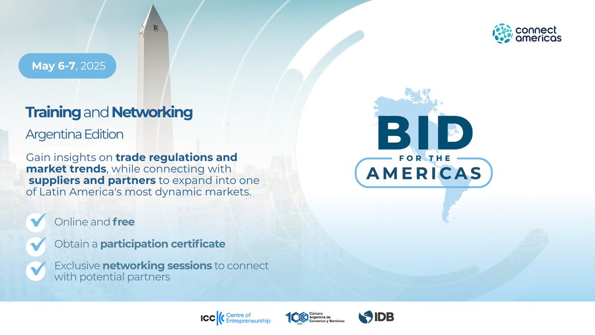 FabrizioOpertti's tweet image. You can still register for this free online training to expand your business and network in Argentina. Connect with potential suppliers and business partners in some of Argentina’s key sectors, including #Trade, #Investment, and public procurement.
📅 May 6-9.
Register now:…