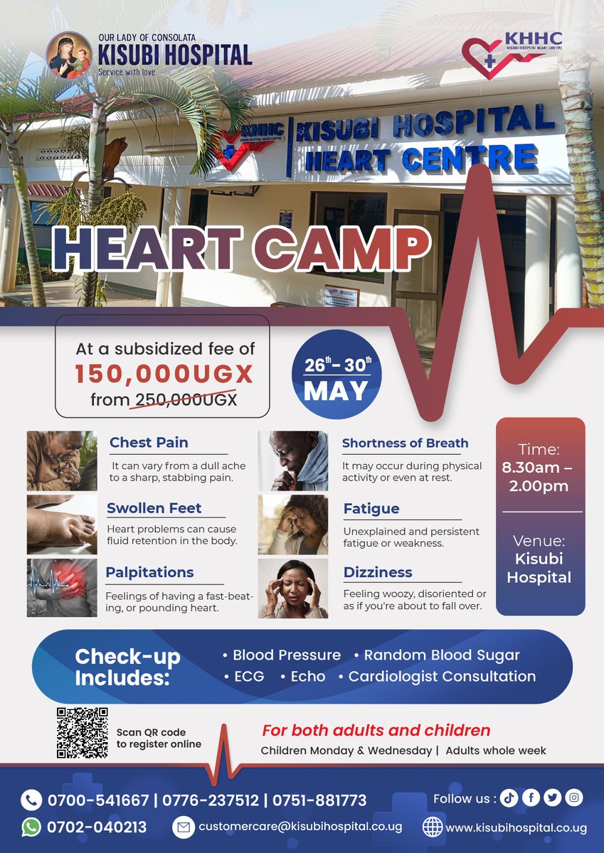 Kisubi Hospital (@kisubi_hospital) on Twitter photo LET US FACE THE TRUTHā¤ļø Donāt wait for a sudden stop of your heartācheck it!
The Kisubi Heart Camp is back | May 26ā30
āļø ECG, Echo, Blood Sugar, Blood Pressure & Cardiologist Review
š° Only UGX 150,000 (reduced from 250K)
š Kisubi Hospital | š§āļø Adults all week | š§š¾ Kids LET US FACE THE TRUTHā¤ļø Donāt wait for a sudden stop of your heartācheck it!
The Kisubi Heart Camp is back | May 26ā30
āļø ECG, Echo, Blood Sugar, Blood Pressure & Cardiologist Review
š° Only UGX 150,000 (reduced from 250K)
š Kisubi Hospital | š§āļø Adults all week | š§š¾ Kids