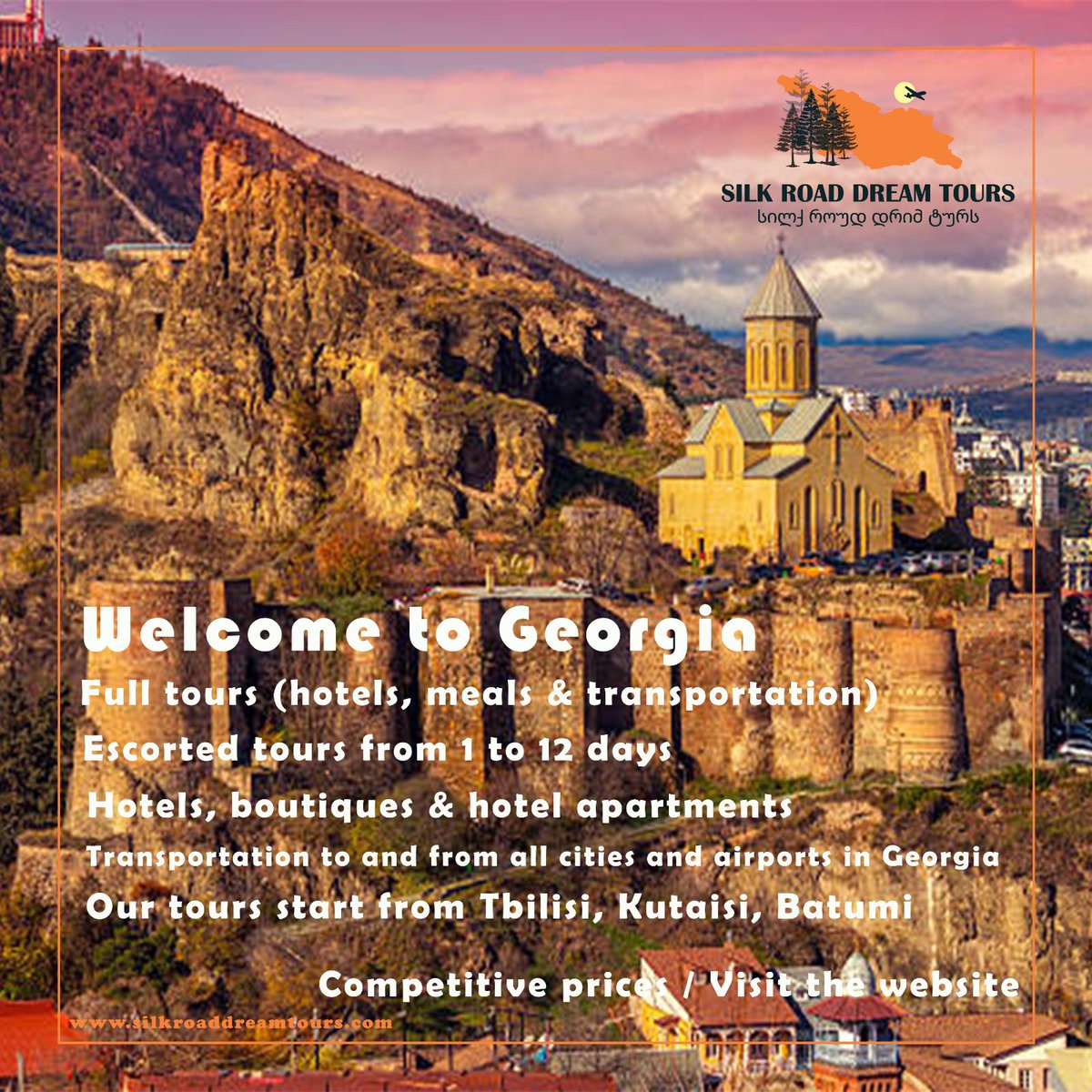 🌍 Welcome to Georgia!
Discover unforgettable adventures with Silk Road Dream Tours!
✨ Our Services:
✅ Guided &amp; Customized Tours
✅ Hotel Bookings
✅ Transportation
✅ And Much More!
🌐 Visit Our Website: silkroaddreamtours.com
📱 WhatsApp:   wa.me/995591985619