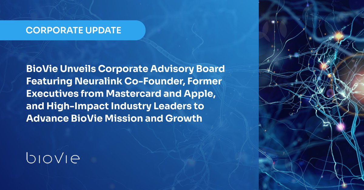 Today we announced the formation of a powerhouse Corporate Advisory Board featuring leaders from Neuralink, Apple, Mastercard, and Cedars-Sinai to advance BioVie’s mission and growth.

Details: investors.bioviepharma.com/news/news-deta…

$BIVI #Neuroinflammation #Biotech