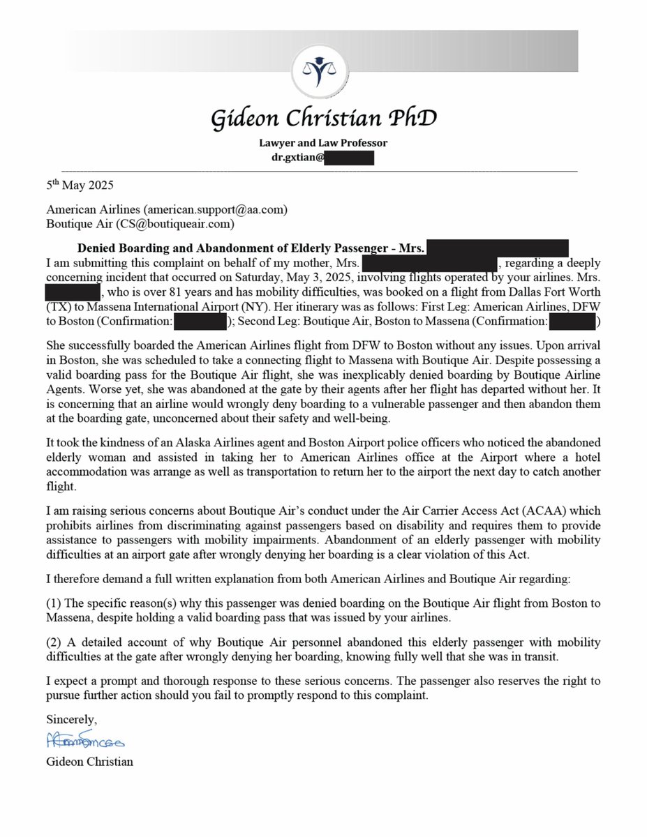Dr. Gideon Christian (@profxtian) on Twitter photo My 81yr old mom had a horrible travel experience with <a href="/AmericanAir/">americanair</a> <a href="/boutiqueair/">Boutique Air</a>. She was travelling from Dallas to Massena, NY via Boston. On landing at Boston, she was wrongly denied boarding & abandoned at the gate. A kind <a href="/AlaskaAir/">Alaska Airlines</a> agent & Airport Police came to her rescue. My 81yr old mom had a horrible travel experience with <a href="/AmericanAir/">americanair</a> <a href="/boutiqueair/">Boutique Air</a>. She was travelling from Dallas to Massena, NY via Boston. On landing at Boston, she was wrongly denied boarding & abandoned at the gate. A kind <a href="/AlaskaAir/">Alaska Airlines</a> agent & Airport Police came to her rescue.