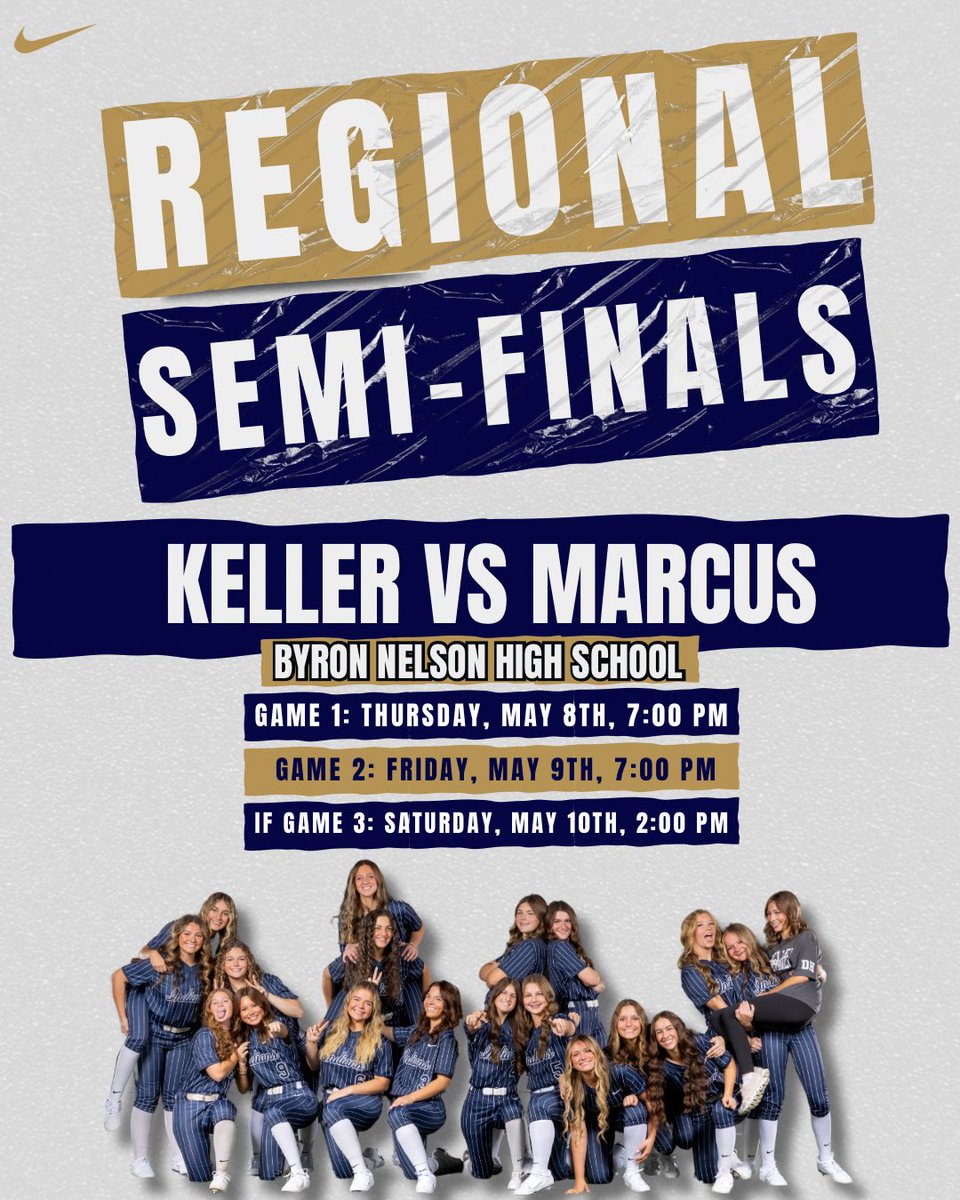 Regional Semifinals are set!
Keller vs Marcus this week!
Game 1: Thursday at 7 PM
All games will be played at Byron Nelson — let’s go! #OneTeamOneDream