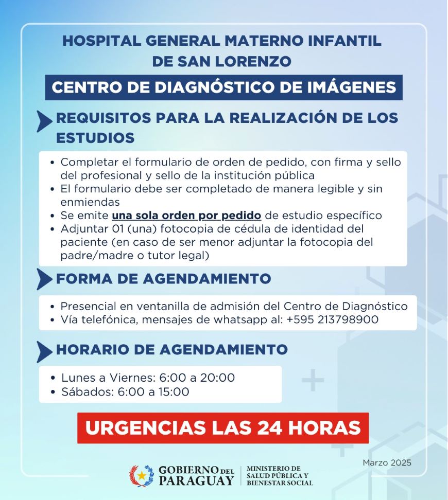 🔹 Para reservar turnos de forma presencial en ventanilla o por WhatsApp al +595213798900, en el horario de lunes a viernes de 06:00 a 20:00 horas y los sábados de 06:00 a 15:00 horas. Para urgencias las 24 horas.

➕ℹ️ goo.su/NUrb9