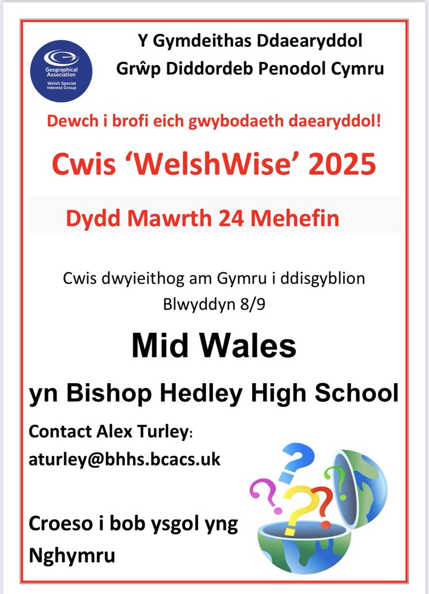 The WelshWise quiz will be held in June. There will be three  f2f events and an online quiz.
S Wales: Mon 23/6 4.30 School of Geography, Uni of Cardiff
Mid Wales:Tue 24/6 AM Bishop Hedley HS, Merthyr 
North Wales:Wed 25/6 4.30  Bryn Elian HS, Colwyn Bay
Online Thur 26/6 3.30pm