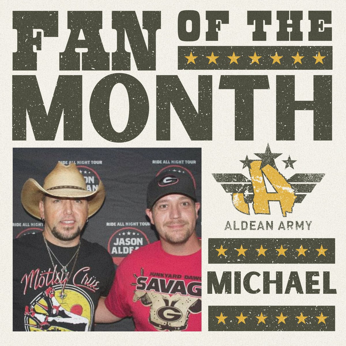 Jason_Aldean's tweet photo. Congratulations to our virtual meet &amp; greet winner Melanie and #AldeanArmy Fan of the Month winner Michael!

Read more and enter for ur chance to win: https://t.co/o41rENrSCV https://t.co/BC9vPLfycA