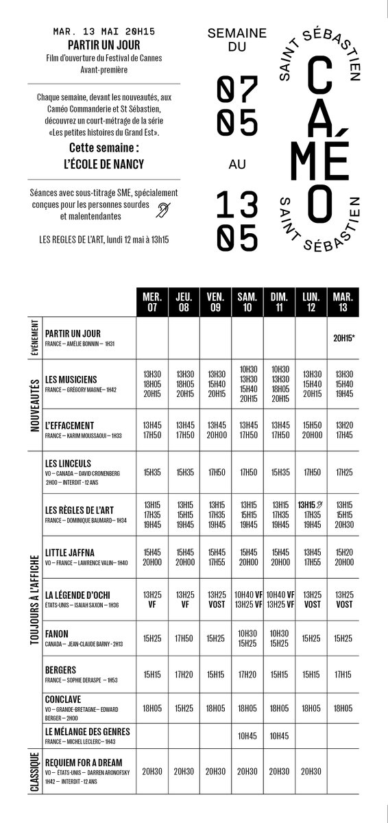 Horaires des séances pour la semaine du 7 au 13 mai 
❤🌷
#Nancy