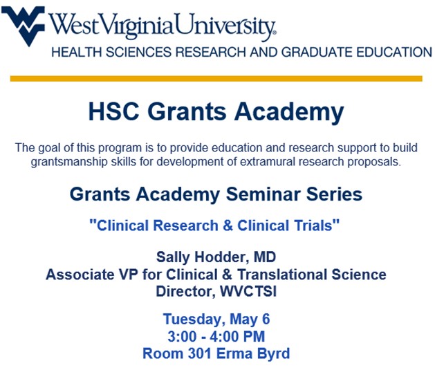 📢📢📢TOMORROW! Join us as Dr. Sally Hodder from West Virginia Clinical and Translational Science Institute talks about clinical research here at WVU Health Sciences! RSVP here 👉wvuresearchgradedu.wufoo.com/forms/k1fp43v4…