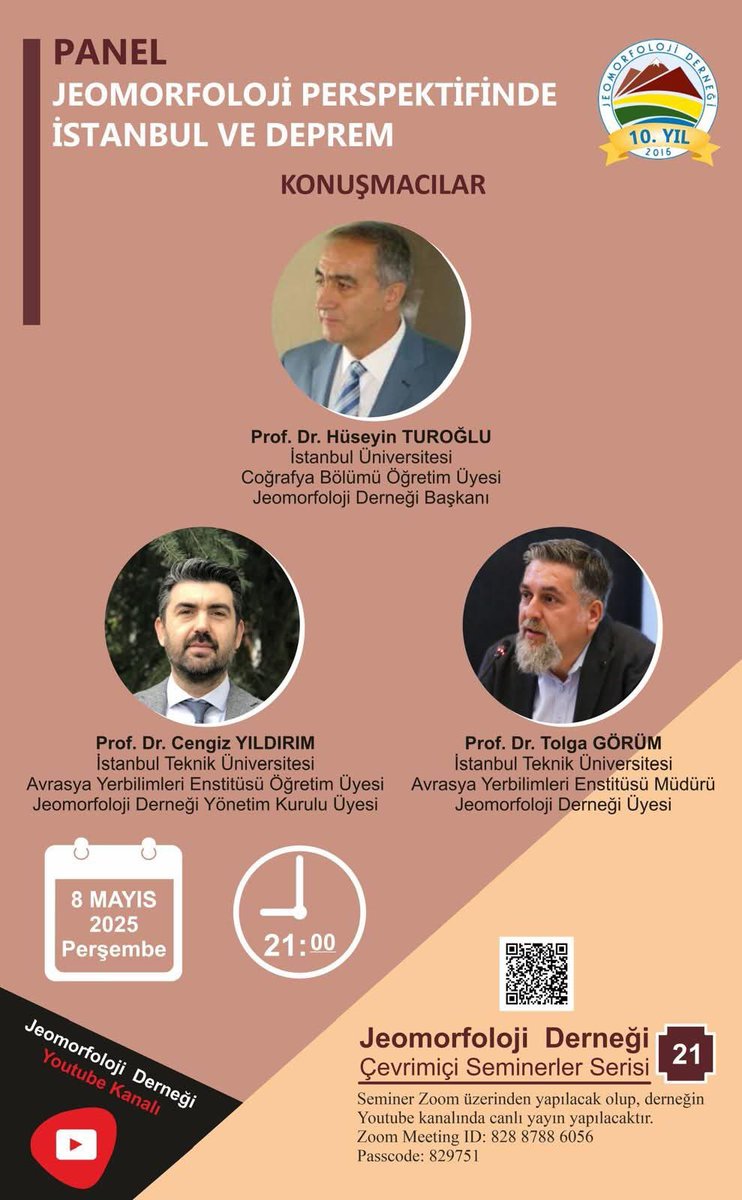 "Jeomorfoloji Perspektifinde İstanbul ve Deprem" konulu panele davetlisiniz.

8 Mayıs Perşembe günü saat 21.00' deki çevrimiçi etkinliğimize bekleriz.