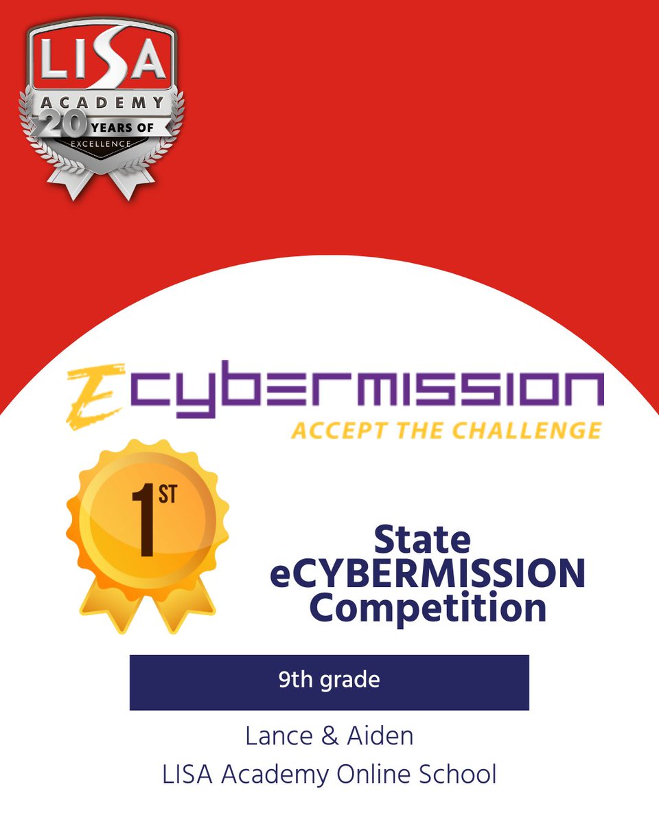 🎉 We’re proud to have 3 teams as 2025 eCYBERMISSION Grade-Level State Champions sponsored by <a href="/USArmy/">U.S. Army</a>!
🏆 LISA Online – 9th Grade State Champions
🥇 LISA West Middle – 8th Grade 1st Place
🥈 LISA West Middle – 8th Grade 2nd Place
#STEM #eCYBERMISSION #LISAOnline #LISAWest #USArmy