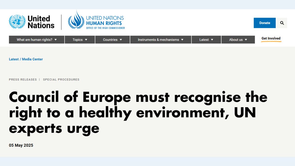 Right to a Healthy Environment at the CoE (@healthyenvcoe) on Twitter photo UN experts urge <a href="/coe/">Council of Europe</a> Member States to negotiate an additional protocol to the European Convention for #HumanRights to protect the right to a clean, healthy & sustainable environment.
Europe must act now—no more delays for a #HealthyEnvironmentForAll!
ohchr.org/en/press-relea… UN experts urge <a href="/coe/">Council of Europe</a> Member States to negotiate an additional protocol to the European Convention for #HumanRights to protect the right to a clean, healthy & sustainable environment.
Europe must act now—no more delays for a #HealthyEnvironmentForAll!
ohchr.org/en/press-relea…
