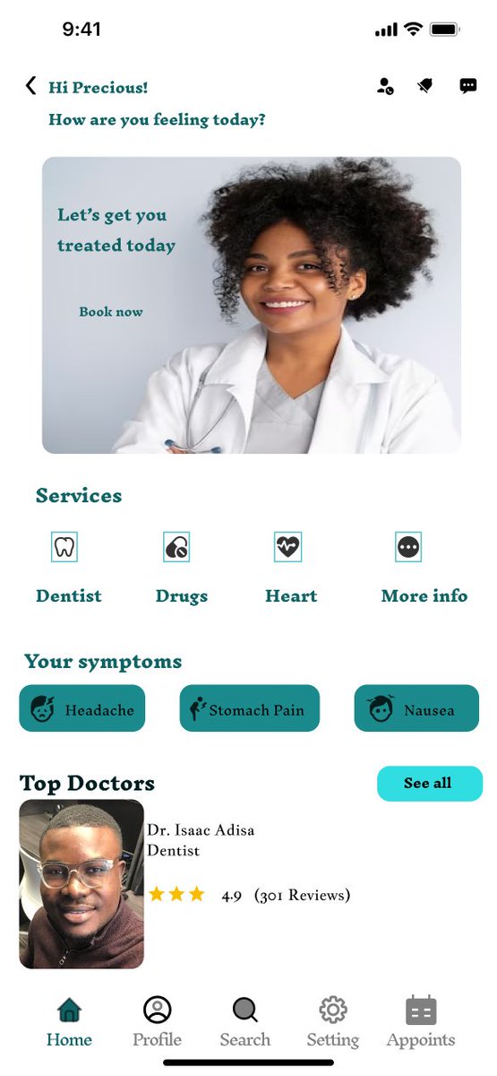 PrettyP_Feb's tweet photo. Daily UI Challenge Day 5 – Home Screen
Just finished designing the home screen for PreciNet – Built to give users a clear, upcoming appointments &amp; quick access to core features.
@TechCrushHQ
@JoshOpaleke
@Jbsoftie1
#TechCrushUIChallenge #DailyUI #UIDesign #FigmaBeginners https://t.co/uXSK0i7Tpi
