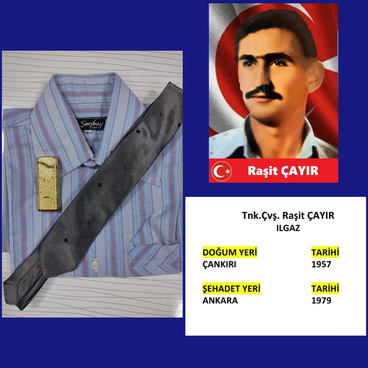 TÜGŞAV ÇANKIRI (@gaziler_ve) on Twitter photo Şehidimiz Raşit ÇAYIR'ın (Ilgaz) emanetleri Çankırı Şehitler Müzesinde yerini almıştır.
Ruhu Şad olsun
<a href="/GazilerVakfi/">TÜGŞAV</a> <a href="/lokman_aylar/">Gazi Lokman Aylar</a> <a href="/kasimpekacar/">Kasım PEKACAR</a> <a href="/firattasolar/">M. Fırat Taşolar</a> <a href="/ismailhakkiesen/">İsmail Hakkı Esen</a> <a href="/drpelinyilik/">Doç.Dr. Pelin Yılık</a> <a href="/akbasogluemin/">Av. M.Emin AKBAŞOĞLU 🇹🇷</a> <a href="/maarif_gazi/">m. arif</a> <a href="/tahsinyesilay/">GAZİ Tahsin YEŞİLAY</a> Şehidimiz Raşit ÇAYIR'ın (Ilgaz) emanetleri Çankırı Şehitler Müzesinde yerini almıştır.
Ruhu Şad olsun
<a href="/GazilerVakfi/">TÜGŞAV</a> <a href="/lokman_aylar/">Gazi Lokman Aylar</a> <a href="/kasimpekacar/">Kasım PEKACAR</a> <a href="/firattasolar/">M. Fırat Taşolar</a> <a href="/ismailhakkiesen/">İsmail Hakkı Esen</a> <a href="/drpelinyilik/">Doç.Dr. Pelin Yılık</a> <a href="/akbasogluemin/">Av. M.Emin AKBAŞOĞLU 🇹🇷</a> <a href="/maarif_gazi/">m. arif</a> <a href="/tahsinyesilay/">GAZİ Tahsin YEŞİLAY</a>