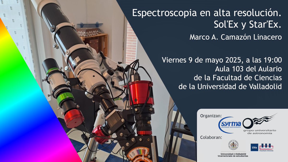 Este viernes tenemos una charla de espectroscopia. Marco A. Camazón Linacero nos hablará de «Espectroscopia en alta resolución. Sol'Ex y Star'Ex» y, si el tiempo y el aula lo permiten, apuntará con el espectrómetro al sol a ver qué se puede sacar en directo. ☀️🔭